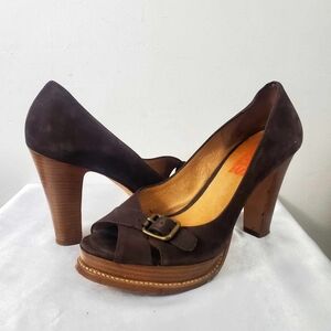 KORS Michael Kors Brown Suede Peep Toe Stacked Platform Pumps Heels 6